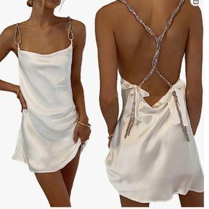 Reachlight Women Girls Backless Sequin Dresses Spaghetti Strap Deep V-Neck A-lin